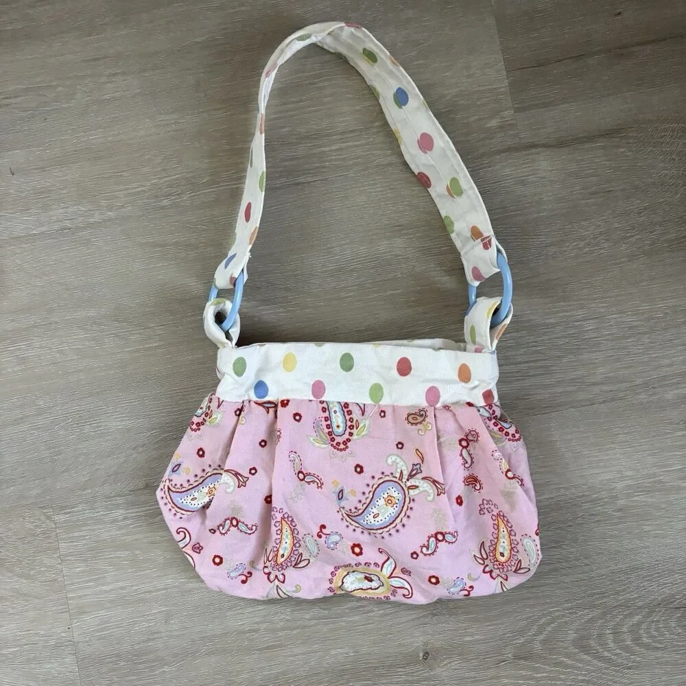 POMME Kids Girls Womens Pink Paisley Polka Dot Canvas Shoulder Bag Purse